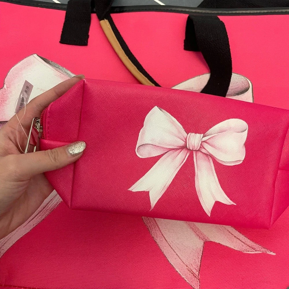 Pink Bow Bag Makeup Pouch Travel Toiletry Organizer Bundle - Size‎ OS